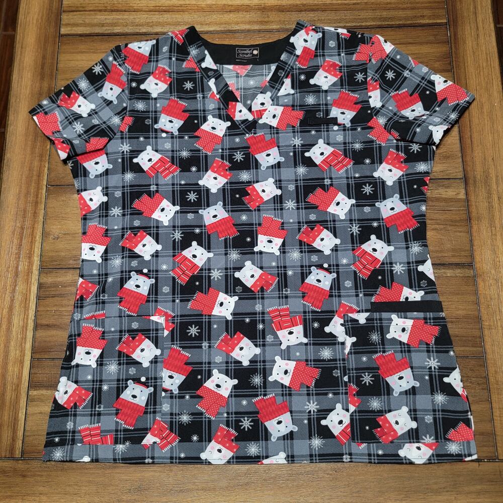 Sanibel Scrubs Plaid Christmas Scrub Top w/ Polar Bears in Scarves - Size Large
